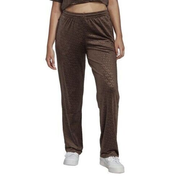 adidas Originals HL9122 Women's Sz XS Brown Monogram Print Velour Straight Pants - Picture 1 of 6